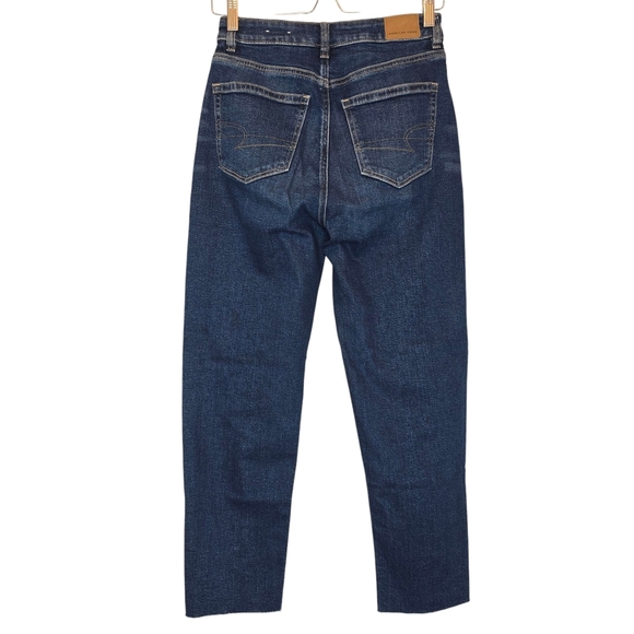 AMERICAN EAGLE Mom Straight Jeans Women 2 Blue Stretch High Rise Raw Hem Western - Picture 6 of 14